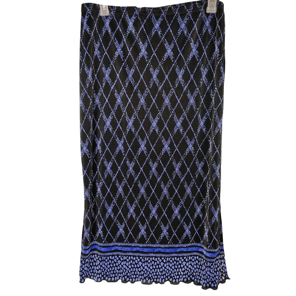 Choices Blue Black Argyle Pleated Midi Skirt Elastic Waist Polka Dot Hem Slit